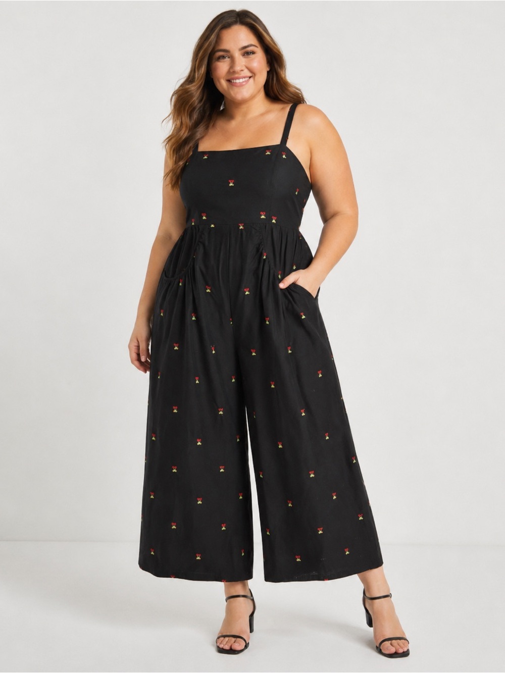 Cider Black Cherry Embroidered Cotton Wide Leg Jumpsuit 2X Smocked Back Pockets